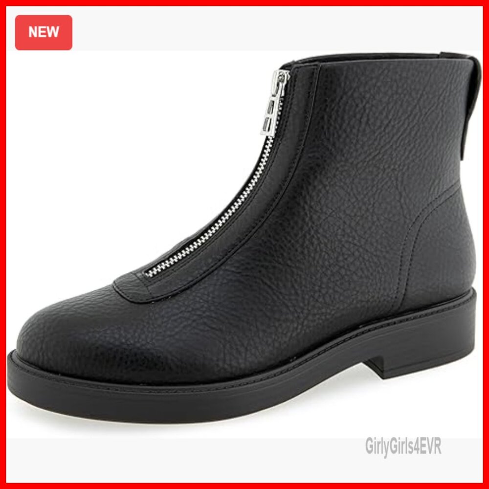 Black Ankle Booties With Front Zip, Low Block Heel, Ortholite Footbed